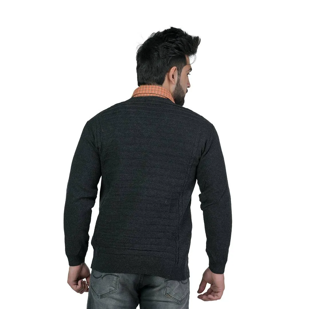 Men's V-Neck Solid Blended Wool Dark Grey Sweater