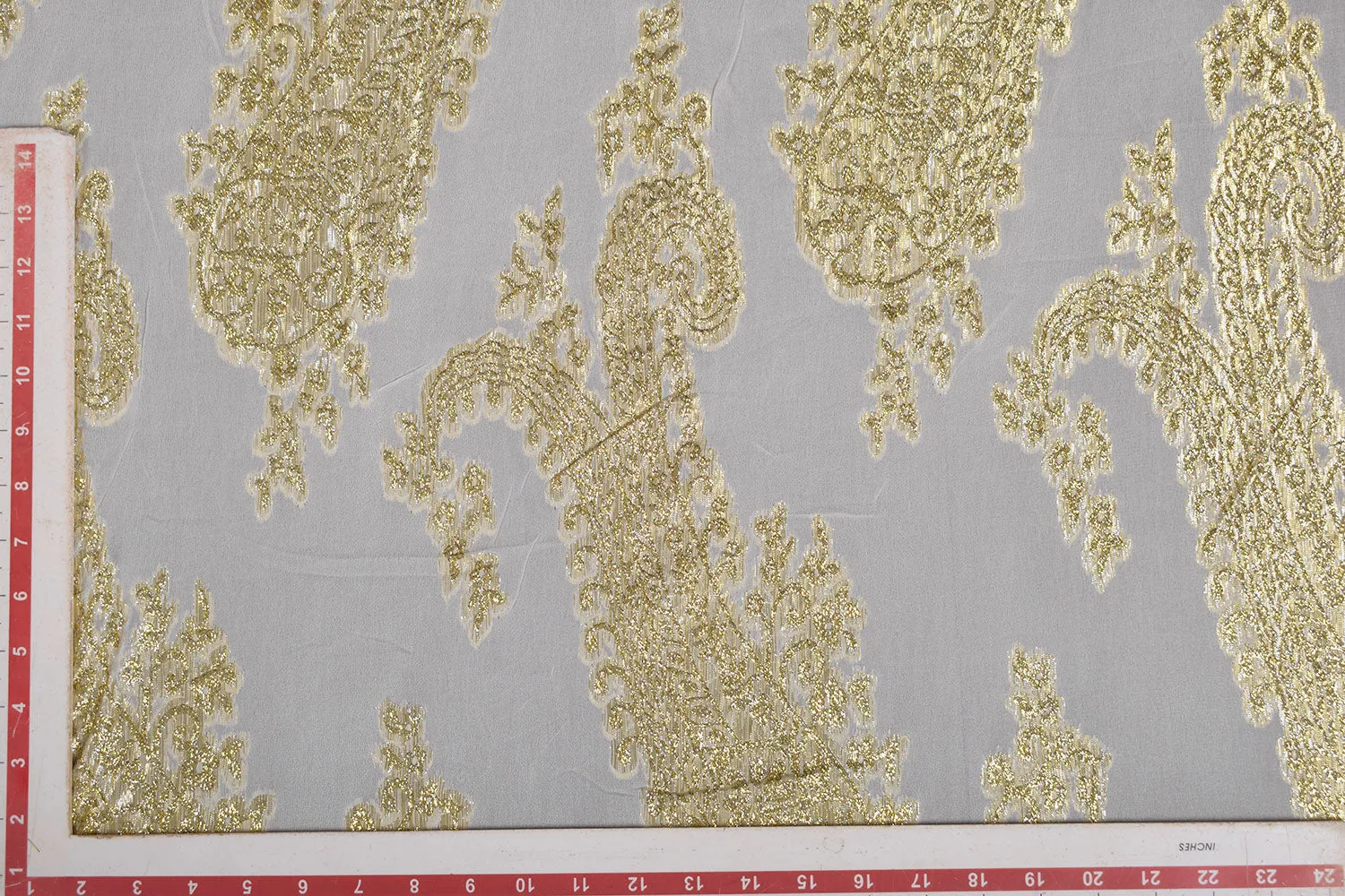 Precut of 2.5 Meters Cream & Golden Traditional Georgette Lurex Jacquard Viscose Fabric