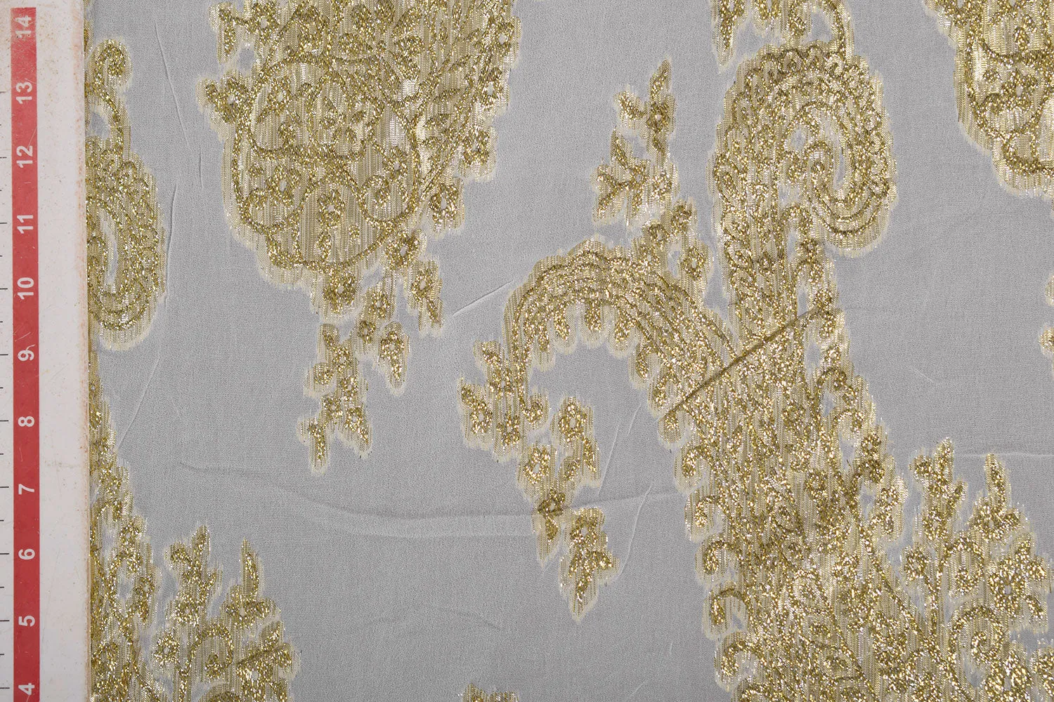 Precut of 2.5 Meters Cream & Golden Traditional Georgette Lurex Jacquard Viscose Fabric