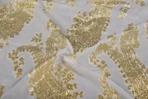 Precut of 2.5 Meters Cream & Golden Traditional Georgette Lurex Jacquard Viscose Fabric