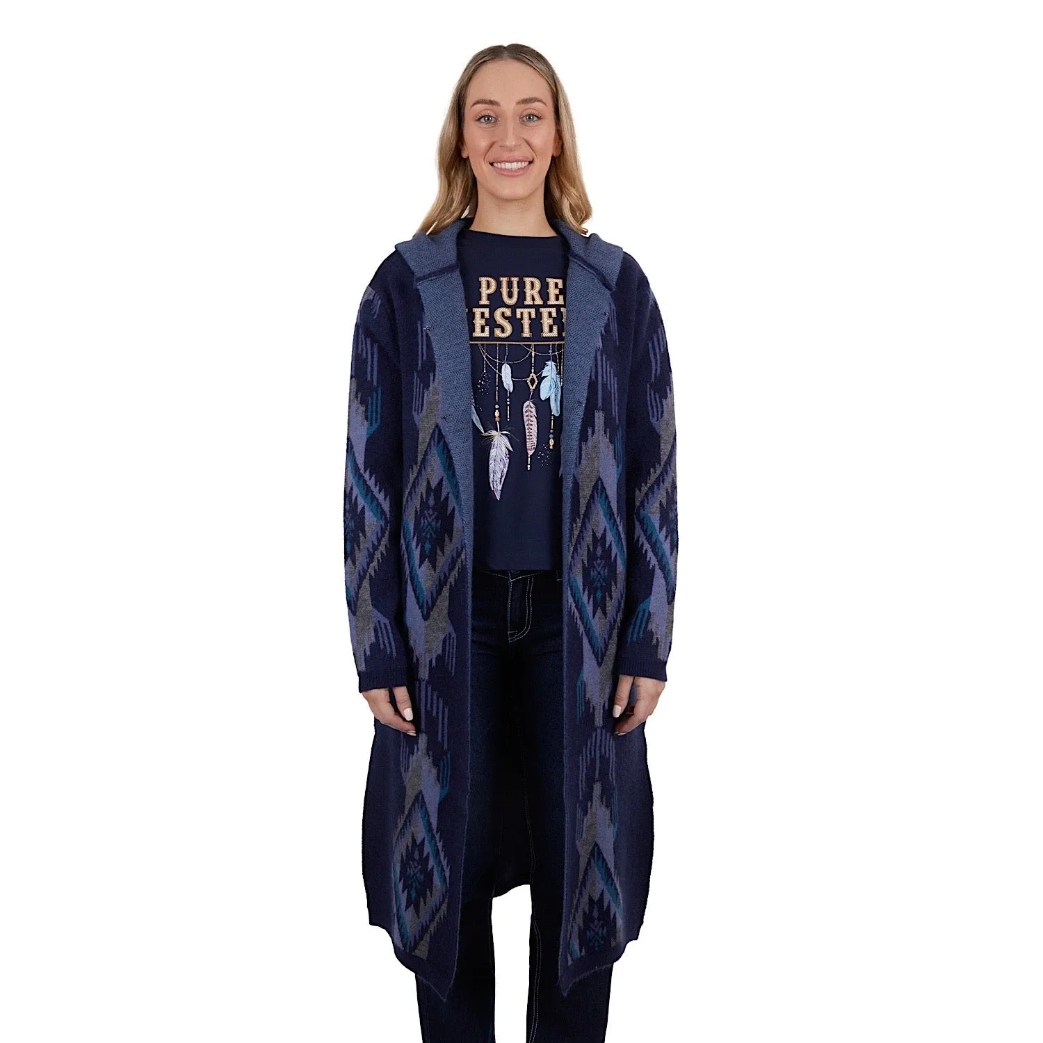 Pure Western Women's Lana Hooded Knitted Cardigan Navy