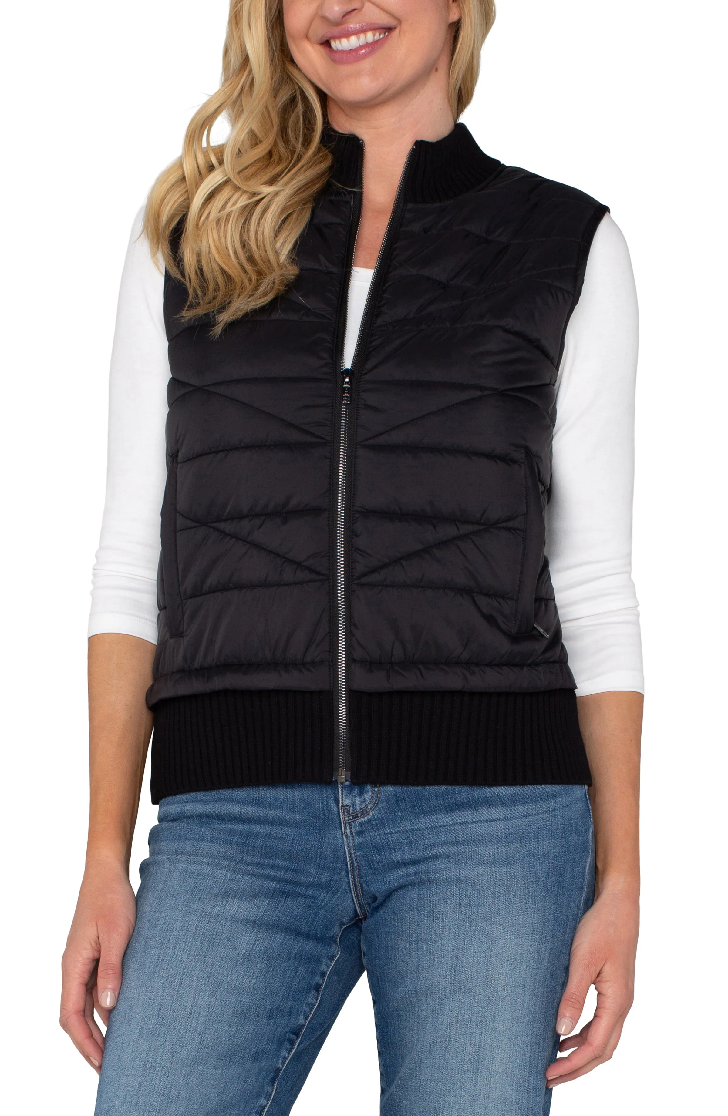 Quilted Front Zip Sweater Vest - Black