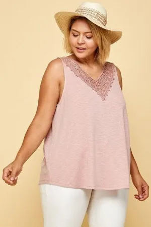 Slub Sleeveless Tank With Lace Neckline