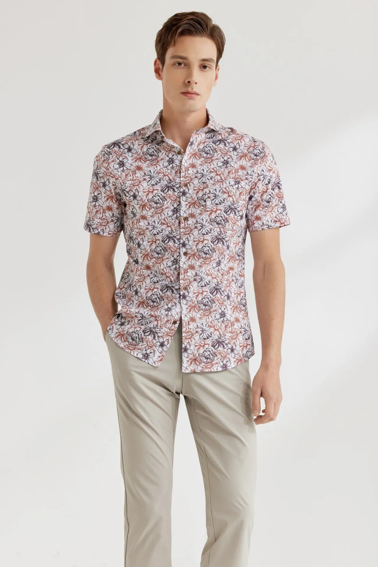 Soft Touch Stretch Colour Floral All Over Print Casual Shirt in Smart Fit