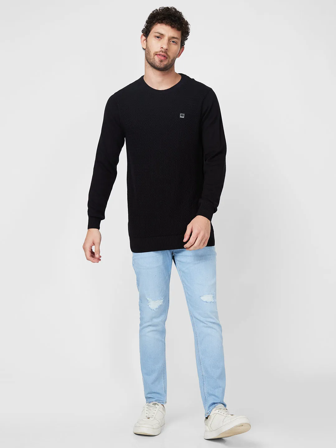 Spykar Collarless Full Sleeves Black Sweater For Men