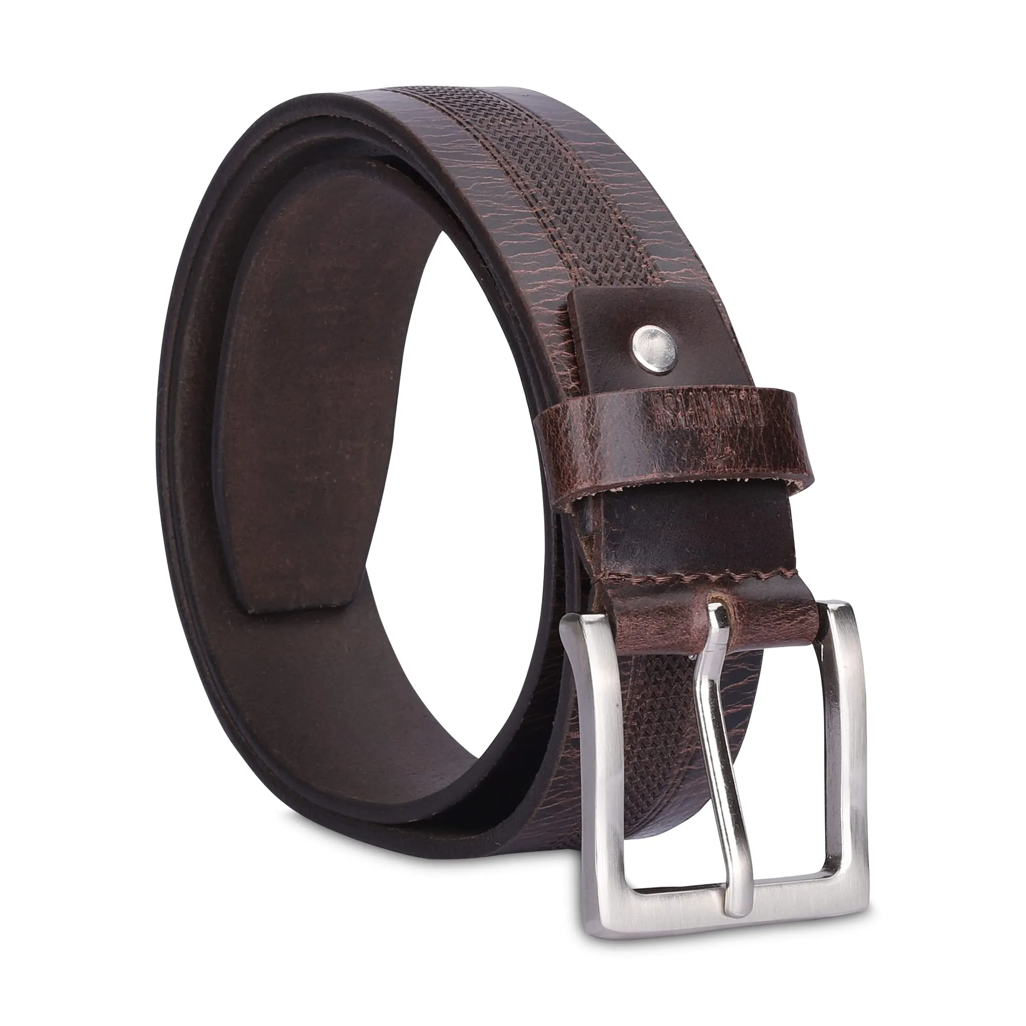 THE CLOWNFISH Men's Genuine Leather Belt with Embossed Design- Brown (Size-32 inches)