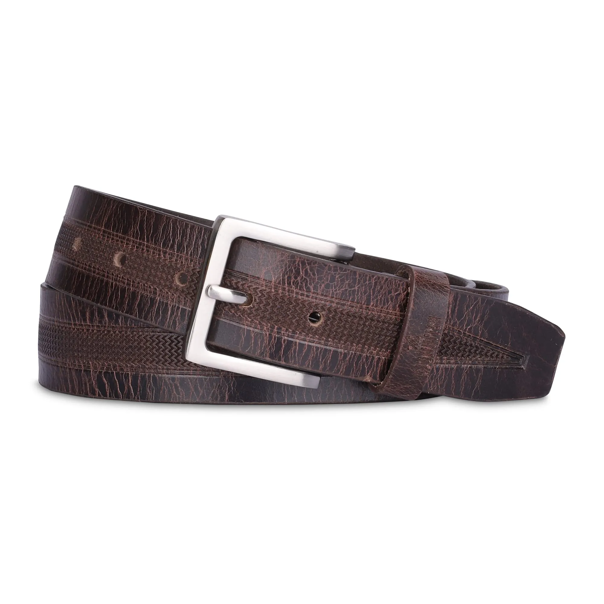 THE CLOWNFISH Men's Genuine Leather Belt with Embossed Design- Brown (Size-32 inches)