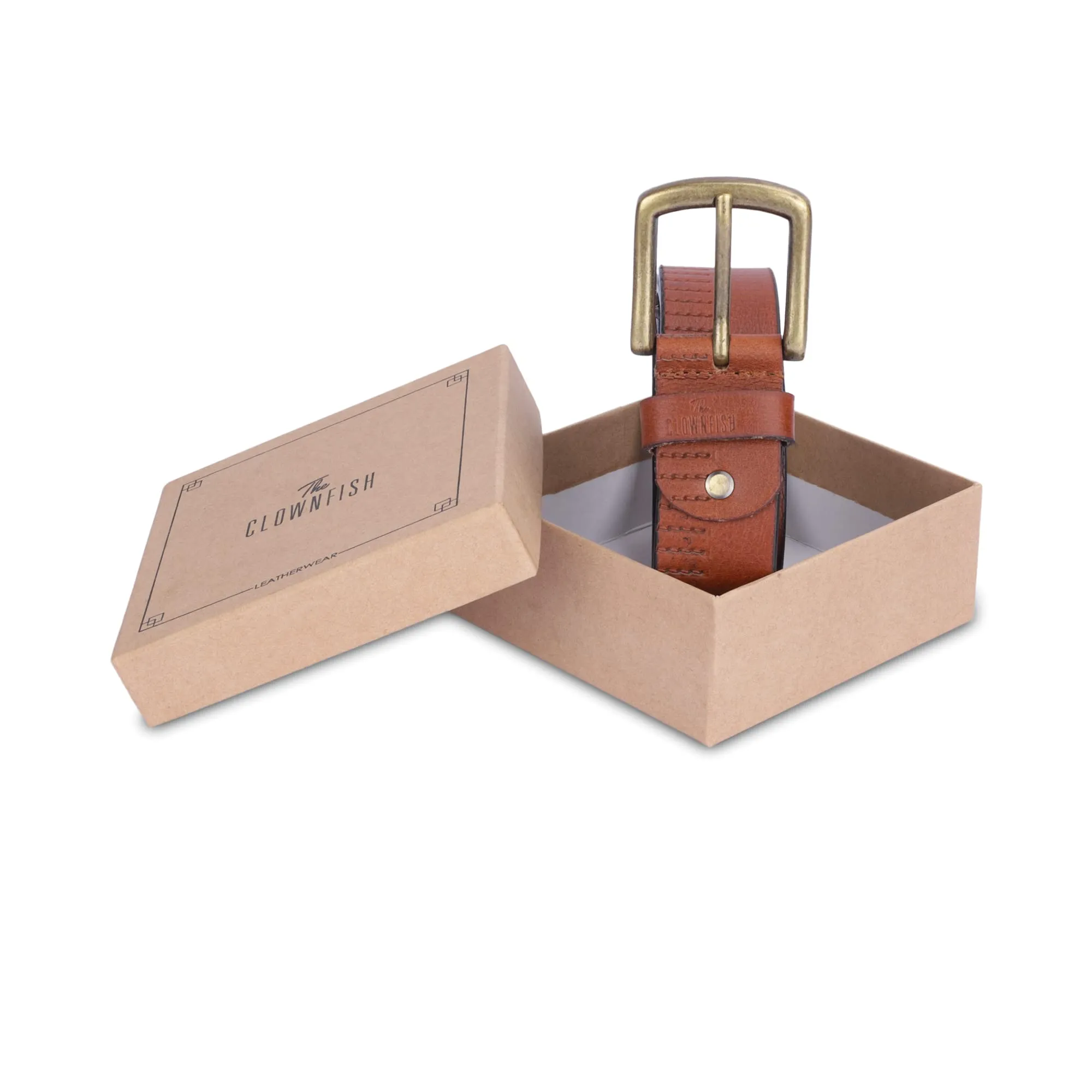 THE CLOWNFISH Men's Genuine Leather Belt with Textured Design- Tan (Size- 32 inches)