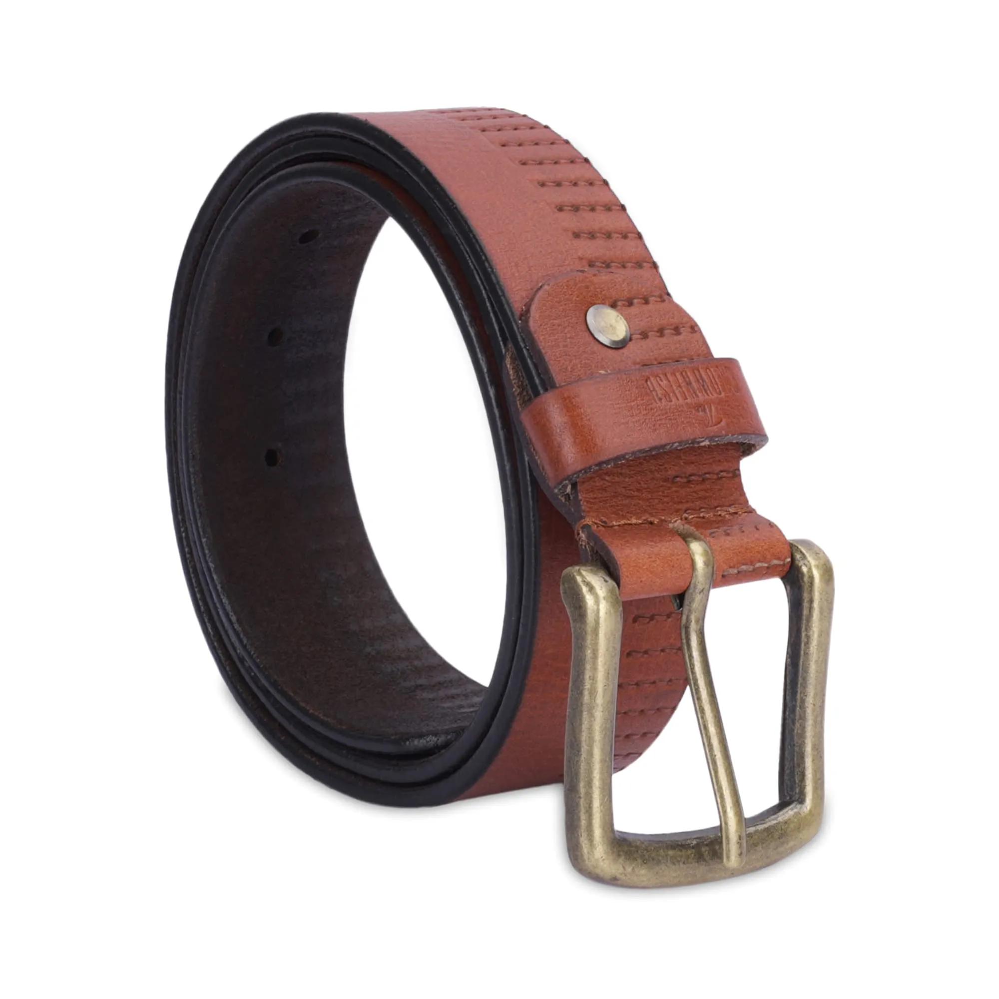 THE CLOWNFISH Men's Genuine Leather Belt with Textured Design- Tan (Size- 32 inches)