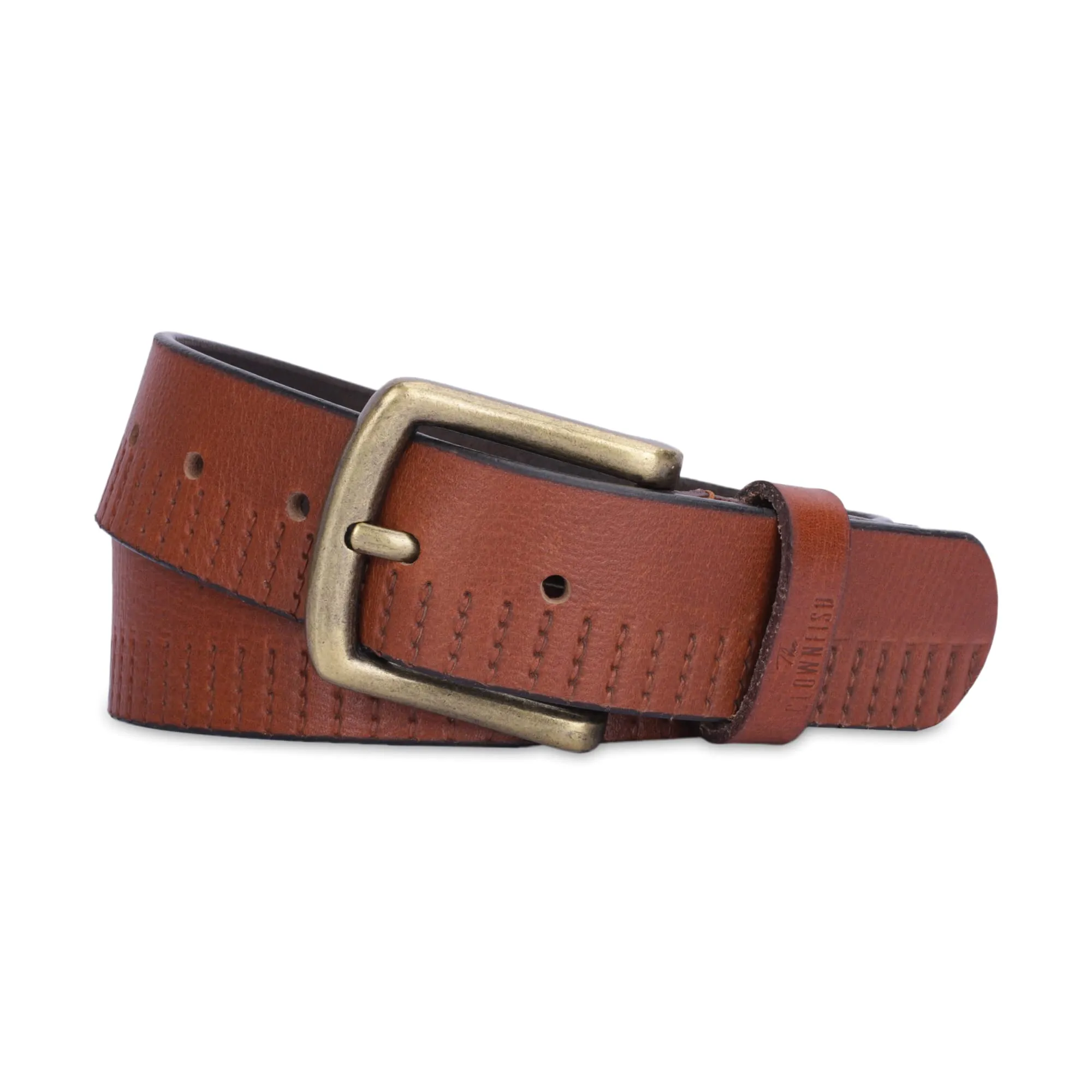 THE CLOWNFISH Men's Genuine Leather Belt with Textured Design- Tan (Size- 32 inches)