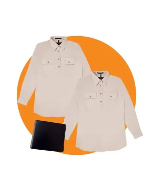 Tradies Womens Closed Front LS Shirt Twin Value Pack - Stone