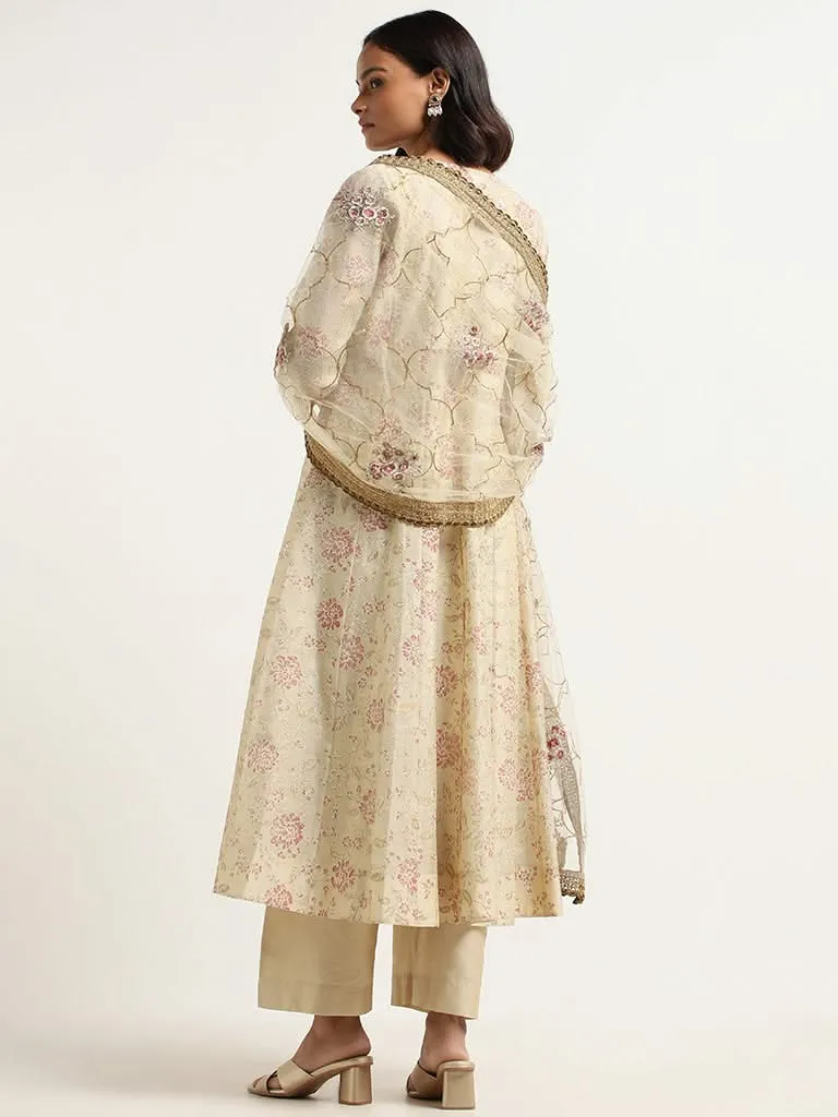 Vark Light Gold Printed Cotton Blend Kurta with Palazzos and Dupatta