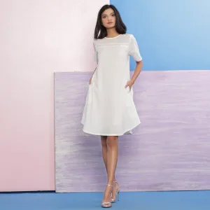 White Organic Cotton Hand Beaded Knee Length A-Line Dress