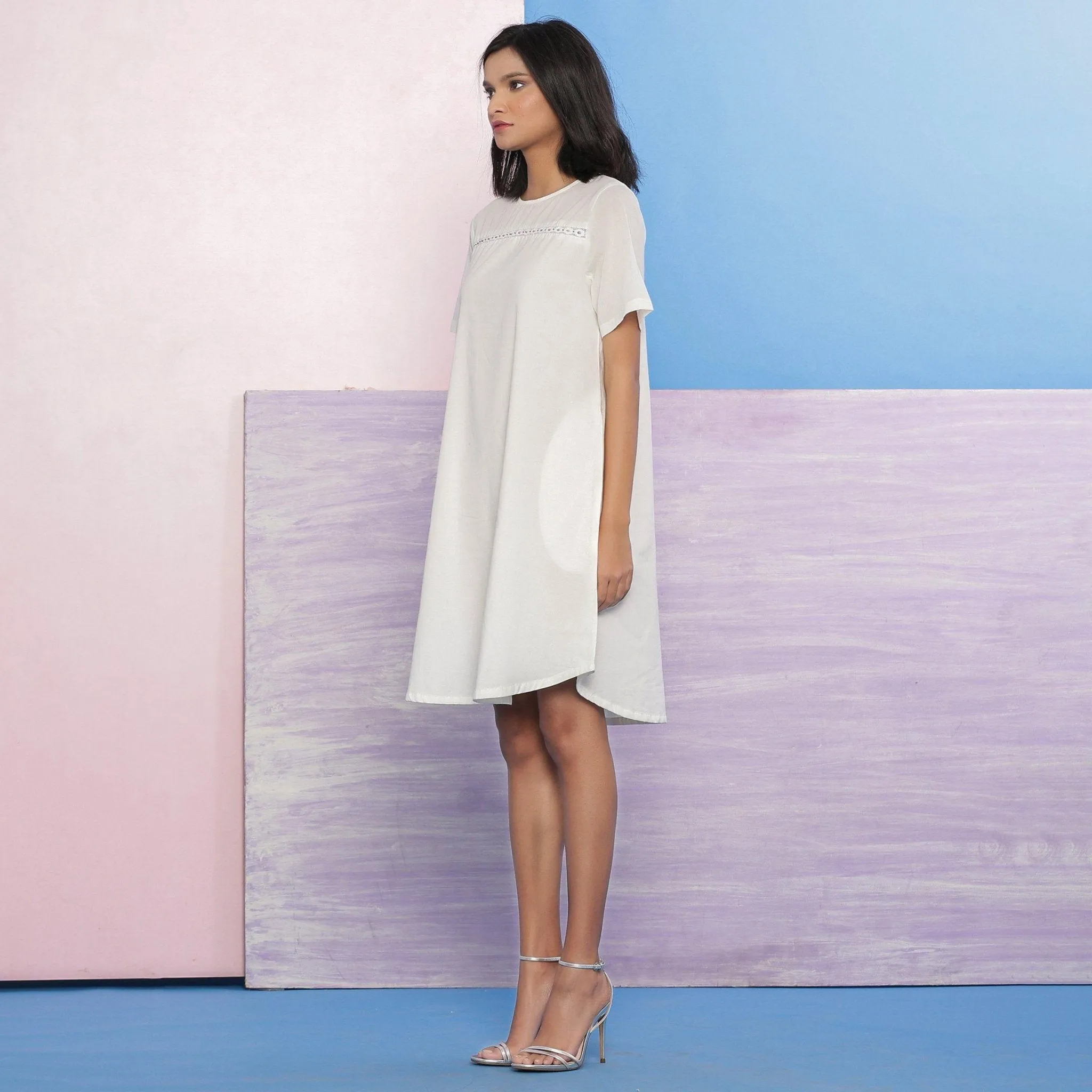 White Organic Cotton Hand Beaded Knee Length A-Line Dress