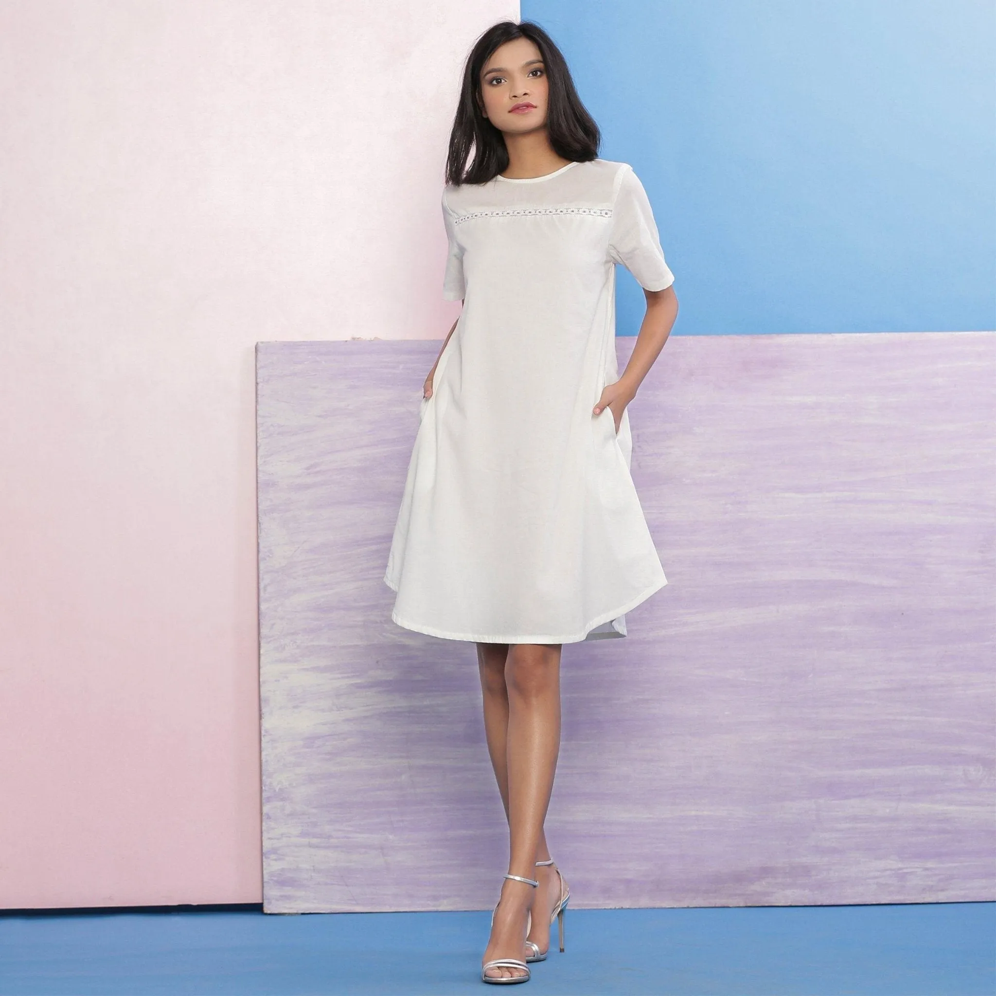White Organic Cotton Hand Beaded Knee Length A-Line Dress