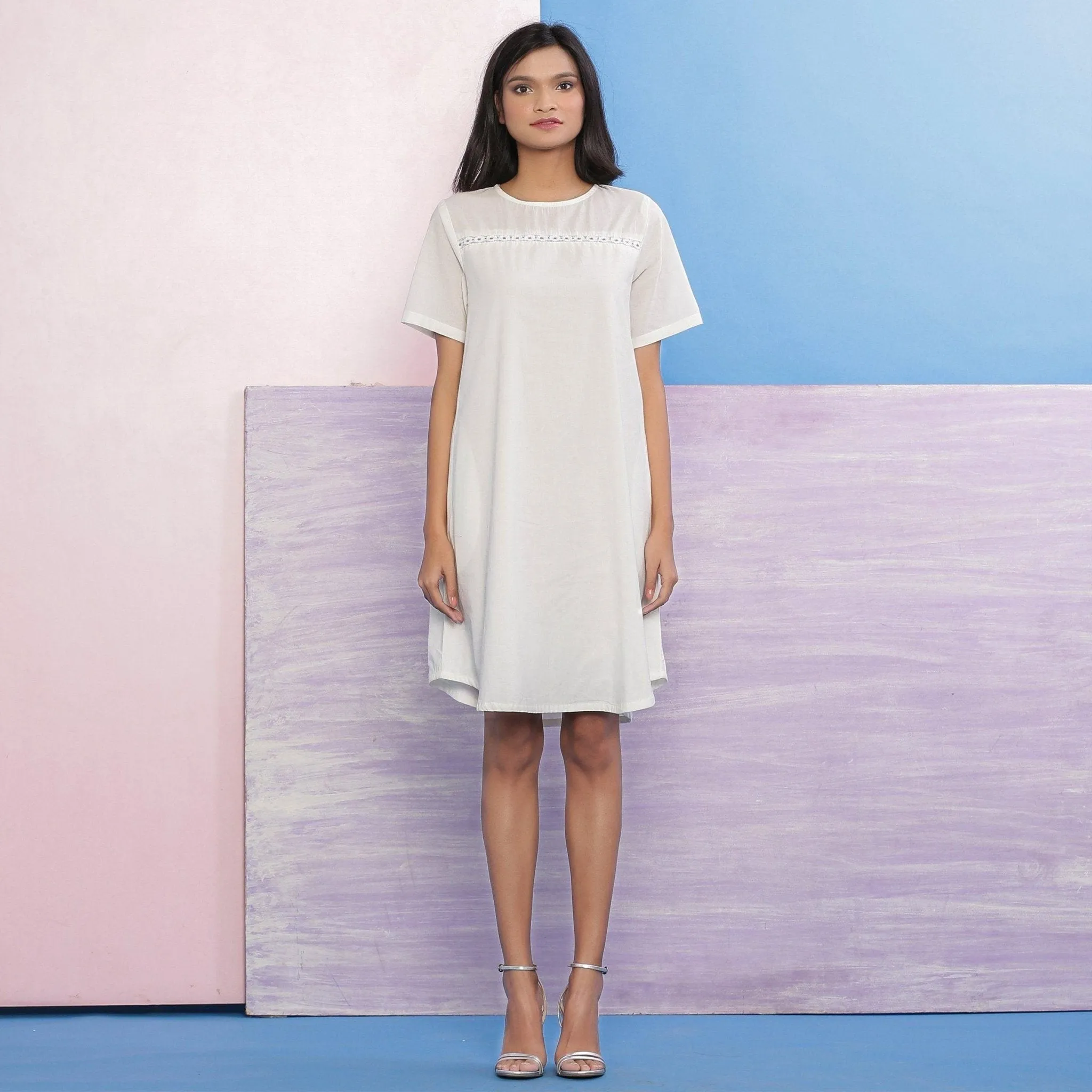 White Organic Cotton Hand Beaded Knee Length A-Line Dress