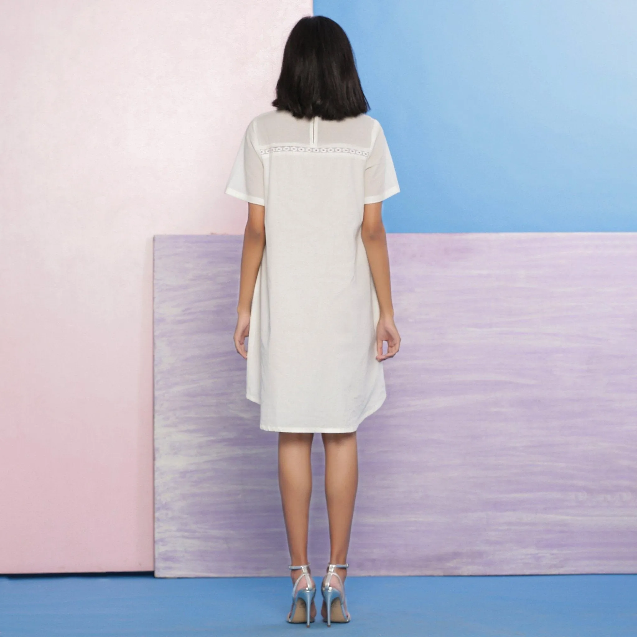 White Organic Cotton Hand Beaded Knee Length A-Line Dress