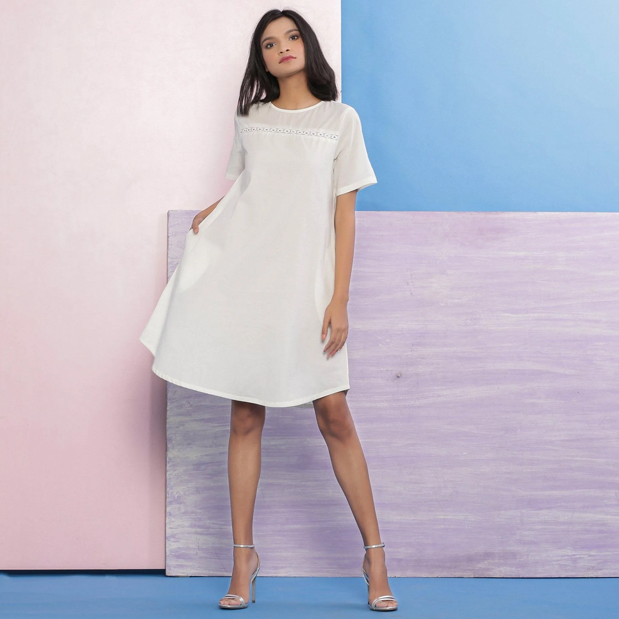 White Organic Cotton Hand Beaded Knee Length A-Line Dress